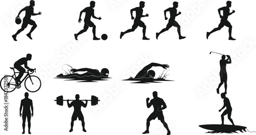Silhouettes of athletes in multiple sports activities including running, cycling, swimming, weightlifting, boxing, surfing, golf