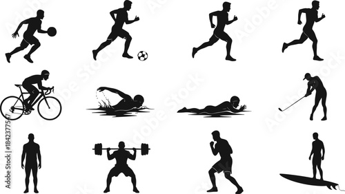 Silhouettes of athletes in multiple sports activities including running, cycling, swimming, weightlifting, boxing, surfing, golf