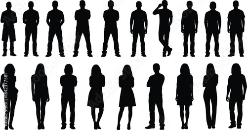 Silhouettes of diverse men and women standing in various poses, isolated on white background, modern people concept illustrationSilhouettes of diverse men and women standing in various poses