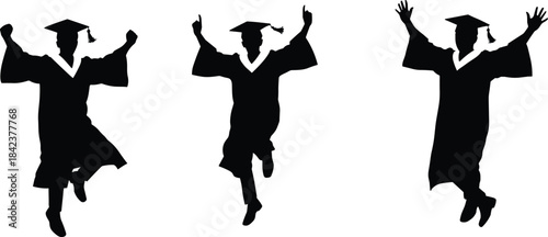 Silhouettes of graduates jumping with caps and gowns, celebrating academic success, joyful education milestone, university college achievement