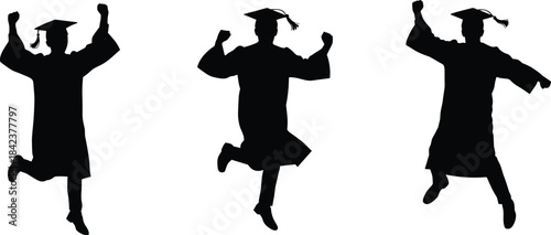 Silhouettes of graduates jumping in caps and gowns, celebrating education success, joyful academic milestone, university college achievement