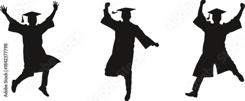 Silhouettes of graduates jumping with caps and gowns, joyful celebration of academic success, education milestone, university college achievement