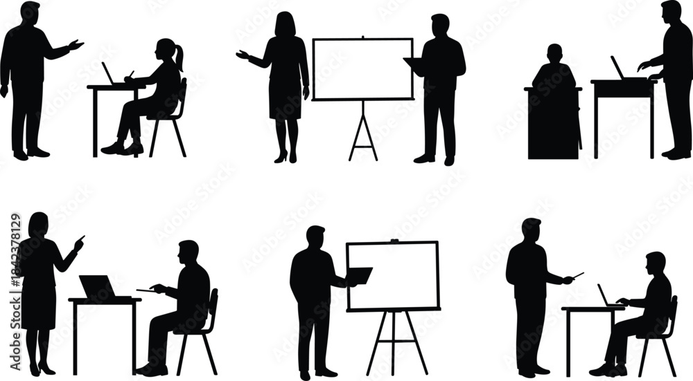 Fototapeta premium Silhouettes of people teaching, presenting, and collaborating, professional education activities, workplace training, modern communication illustration