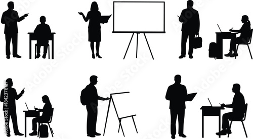 Silhouettes of people teaching, presenting, and collaborating, professional education activities, workplace training, modern teamwork communication illustration