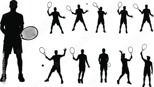 Tennis silhouettes of athlete in action poses, serving, forehand, backhand, swinging, running, sports, fitness, competition