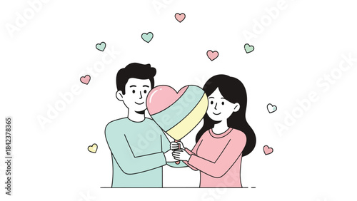 Heartfelt Union: A couple shares a tender moment, embracing a heart-shaped symbol of their love amidst a cascade of hearts. Capturing the pure essence of connection and romance.