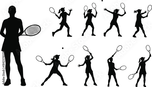 Tennis silhouettes of female athlete in action poses, serving, forehand, backhand, ready stance, sports, fitness, competition