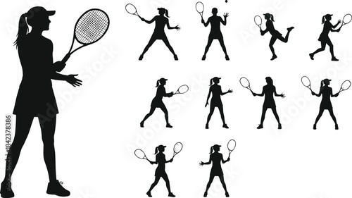 Tennis silhouettes of female athlete in action poses, serving, forehand, backhand, ready stance, sports, fitness, competition