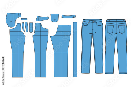 Denim pant sewing pattern technical flat design vector mockup template.