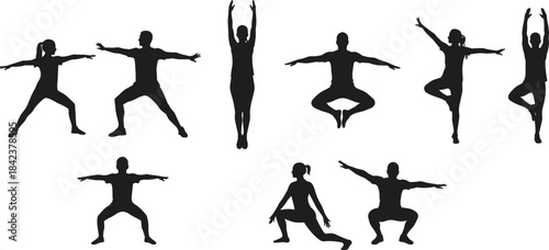 Yoga silhouettes of people in fitness poses, meditation, mindfulness, balance, strength, flexibility, exercise, wellness, healthy lifestyle