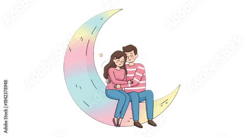 Romantic Lunar Embrace: A couple, lost in a moment of pure bliss, shares a tender embrace while seated upon a crescent moon bathed in soft pastel hues, symbolizing love and togetherness.