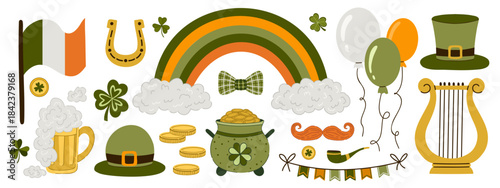 Vector set St. Patrick's Day elements festive celebrate. Collection with leprechauns, Irish flag and beer, clover, pot of gold and rainbow. Isolated hand drawn illustration on white background