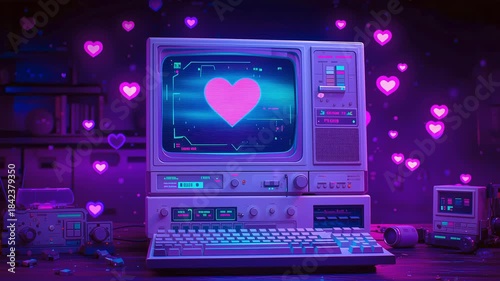 Retro Computer with Glowing Neon Heart on Screen in Cyberpunk Room