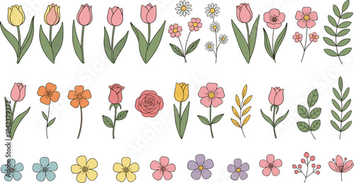 Hand-drawn flower clipart set with tulips, daisies, blossoms, leaves, and botanical elements for spring designs, invitations, scrapbooking, and crafting projects