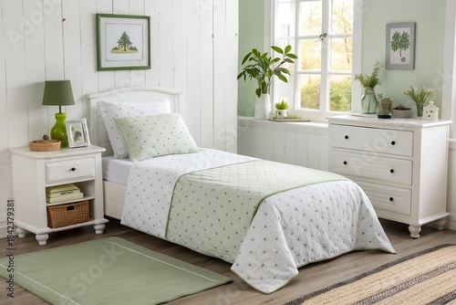 Charming and bright bedroom featuring a single bed white furniture and a serene nature inspired aesthetic