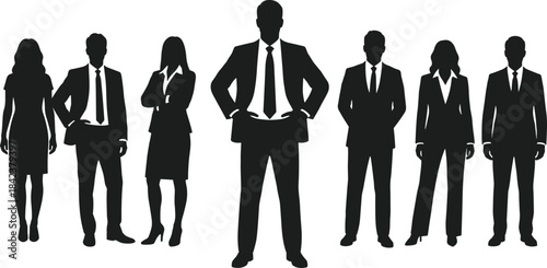 Professional business team silhouettes standing together in formal attire representing leadership, corporate unity, teamwork, diversity, and modern workplace collaboration concepts.