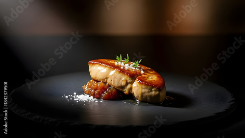 Gourmet Pan Seared Foie Gras with Herb Garnish on a Black Plate.