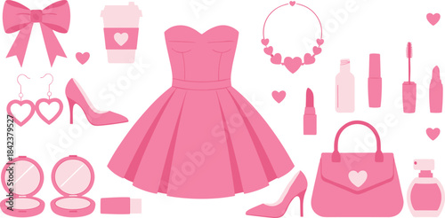 Pink girly fashion clipart set with dress, heels, handbag, makeup, accessories and beauty elements for crafts, stickers, planners and design projects