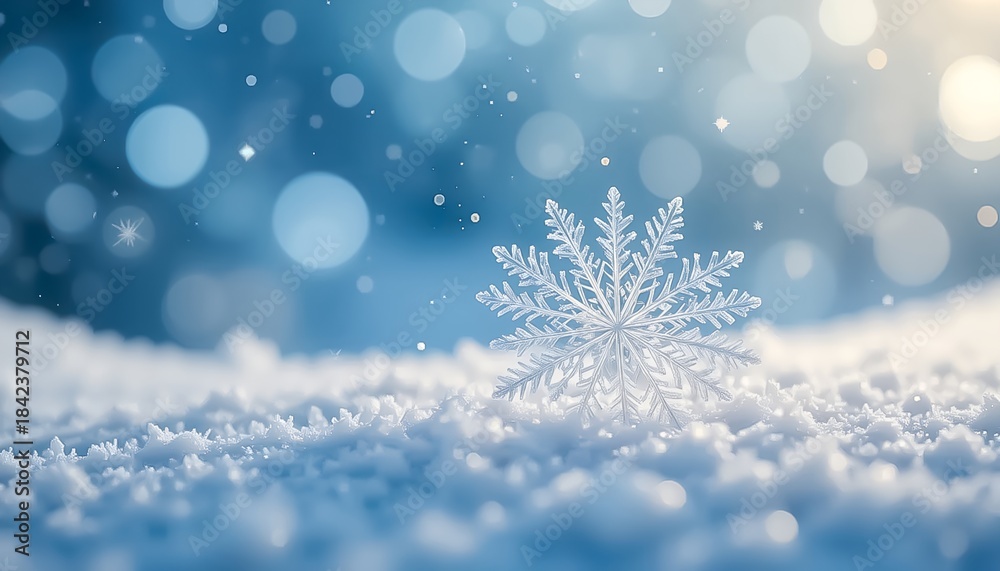 Naklejka premium Winter Snowflake On Snowy Background With Bokeh Light Effect