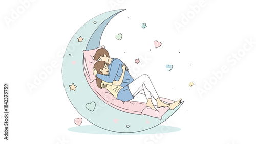 A Romantic Embrace Under the Moon: A tender moment unfolds as a couple share a cozy embrace on a crescent moon, framed by soft pastel colors and floating hearts.