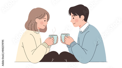 Warm Embrace: A Tender Moment over coffee. This illustration captures the essence of shared connection. Two individuals, engrossed in conversation, their eyes sparkling with warmth, hold their cups.