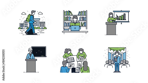 Illustrated scenes of daily life depicting diverse activities and settings