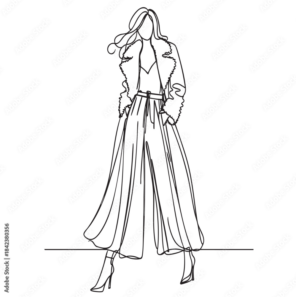 Fototapeta premium line sketch fashion girl in very long wide pants clothes shoes and leather winter sheepskin black coat