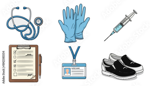 Medical equipment illustration stethoscope gloves syringe clipboard badge shoes