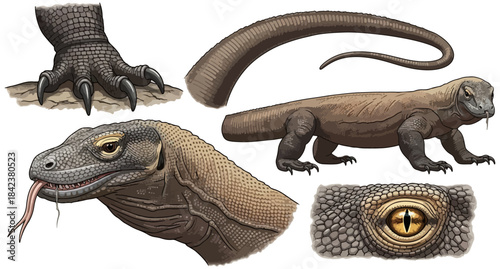 Komodo dragon anatomy illustration isolated on white background