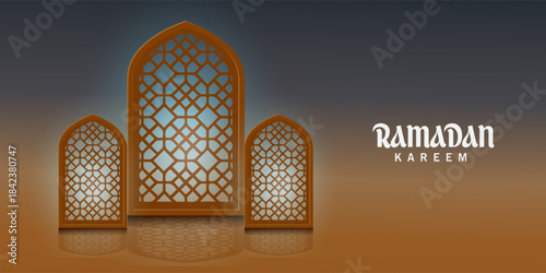 Greeting cards banner Ramadan and Eid background with copy space,Eid Al-Fitr Mubarak, Ramadan Kareem slamic Style night Background with green,blue,purple,yellow color Arabic 3d Ornaments, 
