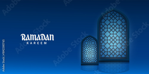 Greeting cards banner Ramadan and Eid background with copy space,Eid Al-Fitr Mubarak, Ramadan Kareem slamic Style night Background with green,blue,purple,yellow color Arabic 3d Ornaments, 