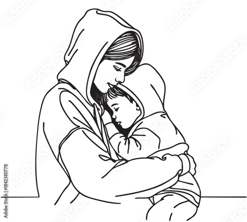 line sketch mother and child hugs behind in black hoodie