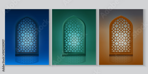 Greeting cards banner Ramadan and Eid background with copy space,Eid Al-Fitr Mubarak, Ramadan Kareem slamic Style night Background with green,blue,purple,yellow color Arabic 3d Ornaments, 