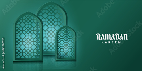 Greeting cards banner Ramadan and Eid background with copy space,Eid Al-Fitr Mubarak, Ramadan Kareem slamic Style night Background with green,blue,purple,yellow color Arabic 3d Ornaments, 