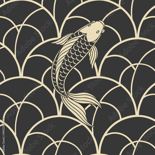 Seamless Japanese Koi Fish Pattern – Golden Carp with Seigaiha Waves on Black