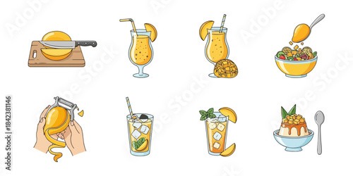 Mango recipes and drinks illustrated set isolated on black background