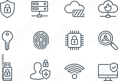 Ultimate Cyber Security, Data Protection, and Technology Line Icon Set: Network, Privacy, Hacking, AI, and Defense Vector Symbols Collection.