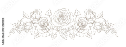 Roses. Hand drawn floral frame in line art style. Elegant frame of flowers, branches and leaves. Vector vintage illustration for card, banner, wedding invitation, save the date, tattoo, packaging