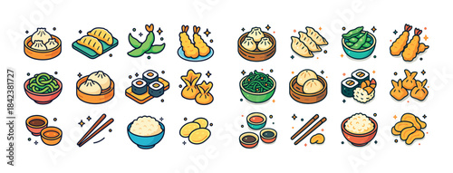 Illustrated assortment of asian cuisine icons featuring dumpling