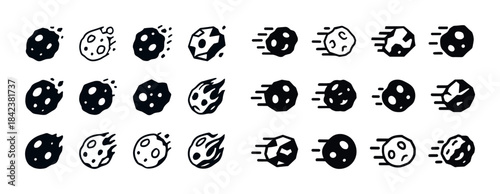 Set of various asteroid and meteor icons in different styles