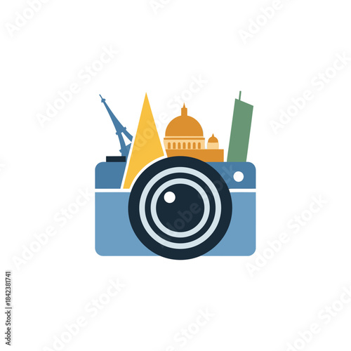 Camera with World Landmarks - Eiffel Tower, Pyramid, Dome, Skyscraper.