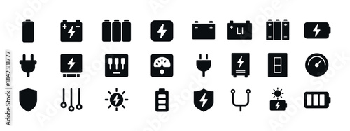 Battery and energy icon set: chargers, batteries, power indicato