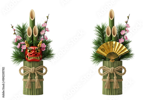 symmetrical pair of traditional japanese kadomatsu new year decorations with bamboo, pine, shishimai mask, and golden fan on white studio background. formal new year tradition concept