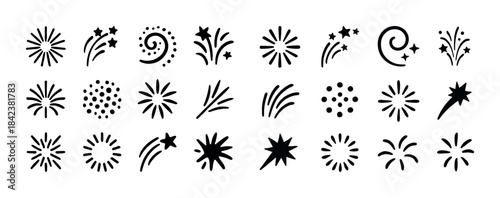 Variety of black firework icons and bursts in different styles