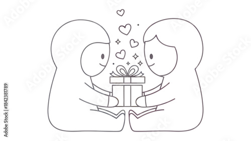 Illustration of Gift Exchange: A tender moment unfolds as two individuals exchange a heartfelt gift. A shower of hearts cascades, representing affection and love.