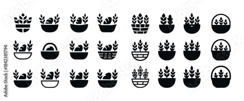 Monochrome plant icons in pots and baskets collection