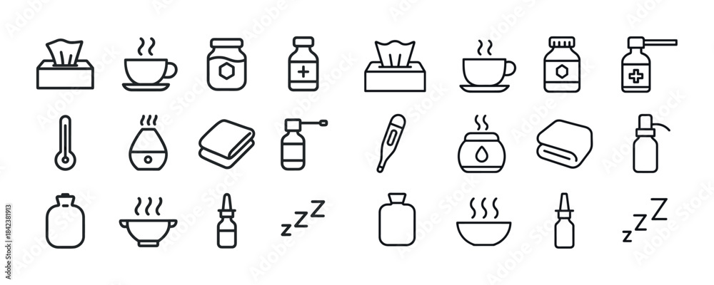 Naklejka premium Essential cold and flu icons featuring medication, tissues, and