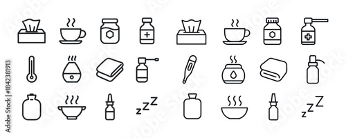 Essential cold and flu icons featuring medication, tissues, and