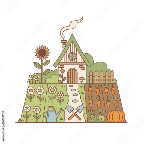 Charming Cottage Garden Illustration with Vegetables and Flowers.