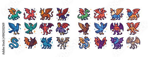 Colorful fantasy creatures: dragons, gryphons, demons, and more